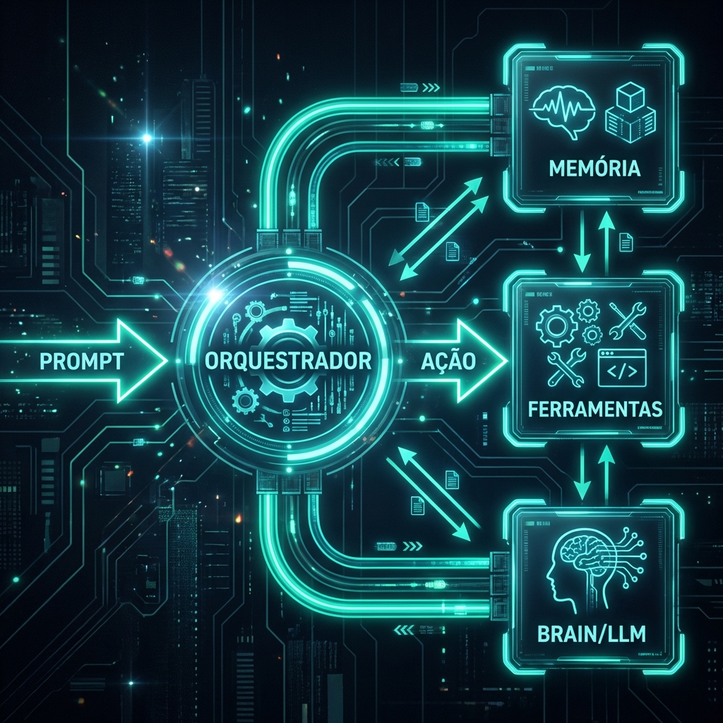Arquitetura de Agente de IA: Orquestrador conectado a Memória e Ferramentas