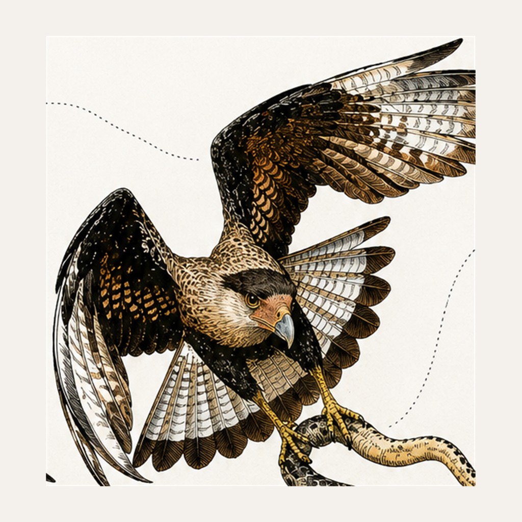 Gravura naturalista de um carcará em voo, garras fechadas sobre uma cobra