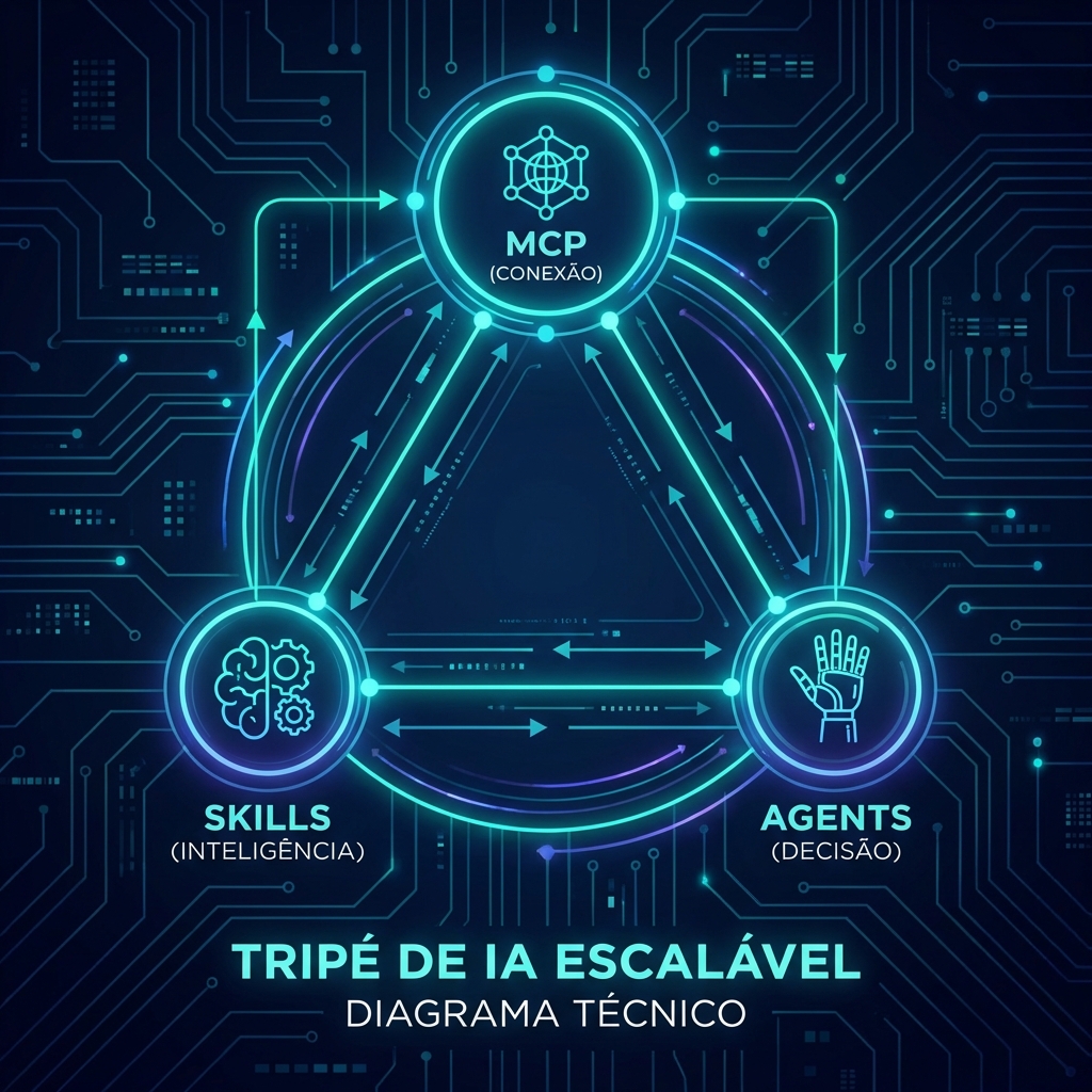 O Tripé da IA Escalável: MCP (Conexão), Skills (Inteligência), Agents (Decisão)